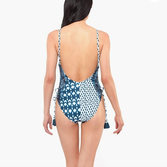 Jessica Simpson one piece swimsuit size M blue print side ruching v neck NWT - Picture 7 of 14